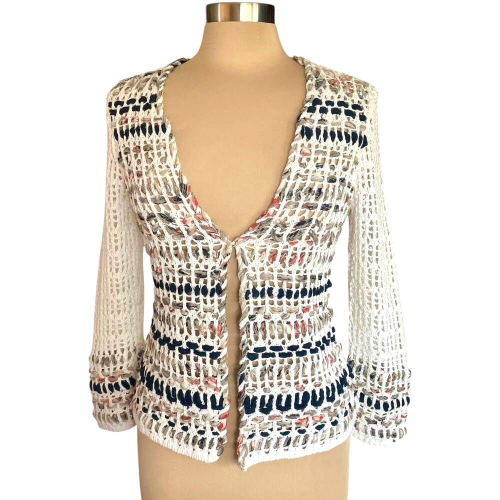 Zozo Crochet Cream Cardigan SMALL Linen Blend Beachy Coastal Boho Grannycore